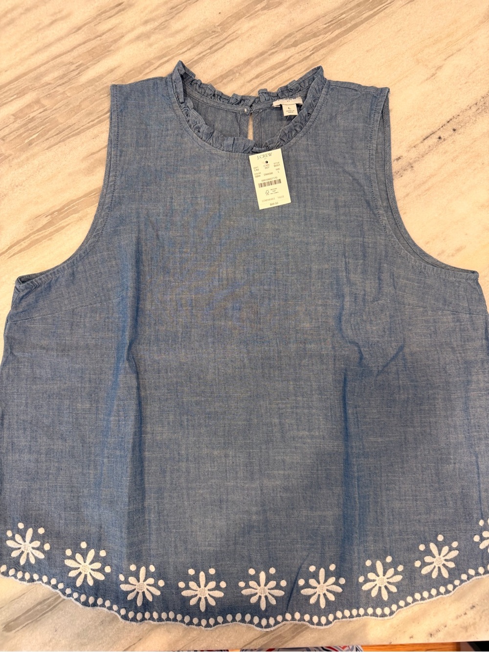 J. Crew Sleeveless Chambray Top with White Floral Embroidery and Ruffle Neck - Picture 3 of 7